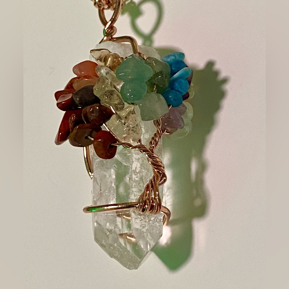 Clear Quartz point and natural stone chakra tree design pendant and chain